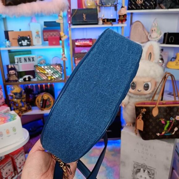 New Versace Denim Calfskin Quilted Medusa Half Moon Shoulder Bag Blue - Picture 6 of 11